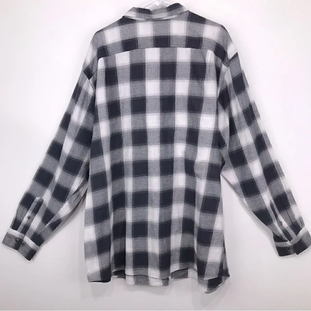 Blue Mountain Charcoal Gray White Plaid Flannel Button Down Casual Shirt